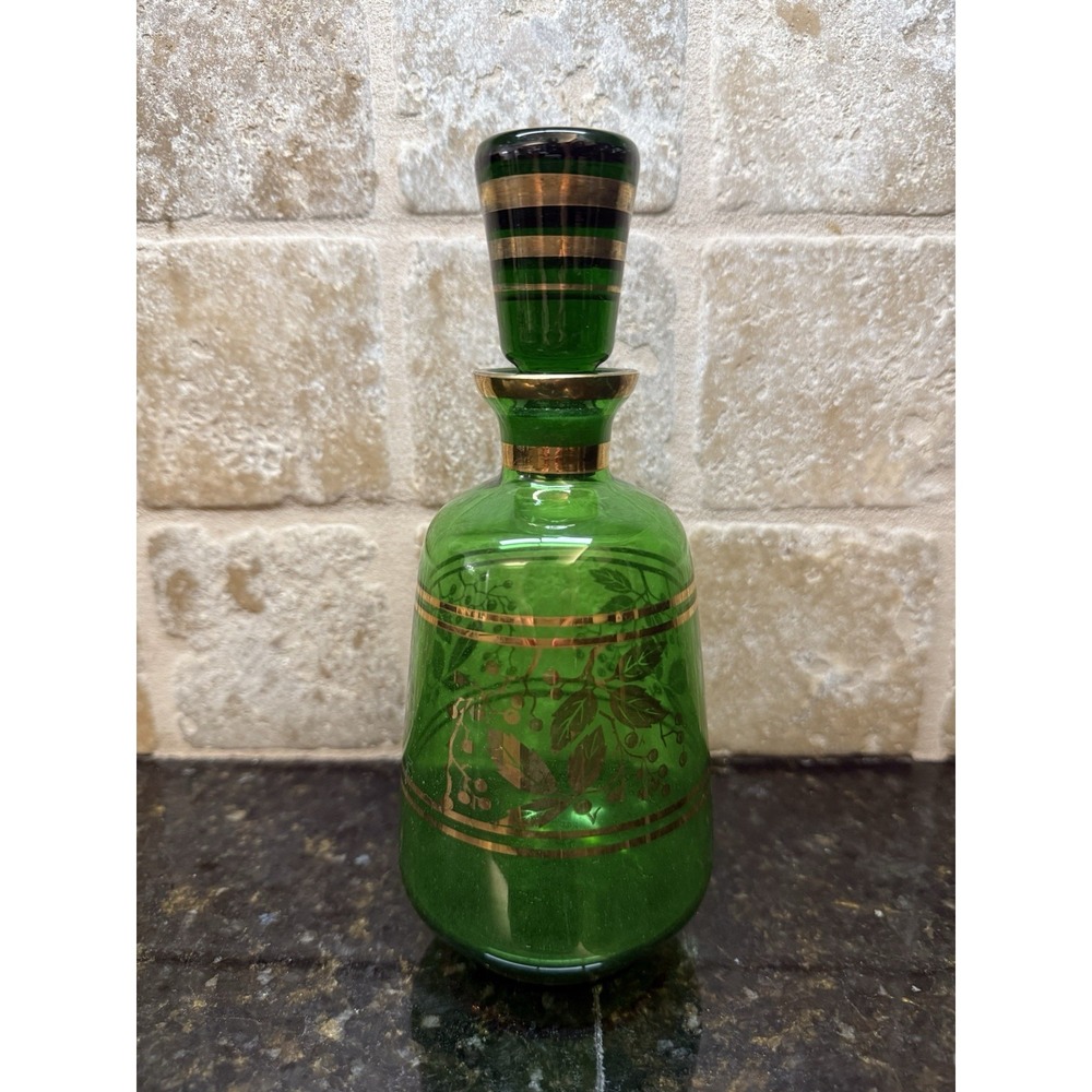 Vintage Italian Emerald Green Gold Glass Decanter w/ Stopper 8.5"